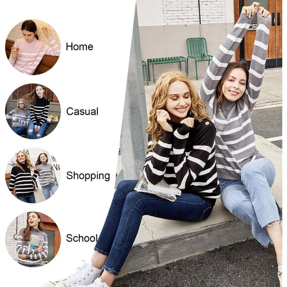 Women Knit Sweater Long Sleeve Turtleneck Color Block Striped Casual Top - Picture 5 of 5